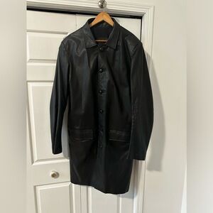 Artisan made single breasted  black leather trench coat. 42 tall or large tall